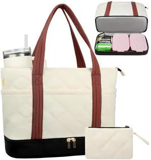 Covkev Lunch Tote Bag for Women with 15.6 Inch Laptop Compartment& Clutch Purse, Lightweight Puffer Laptop Tote Bags with Independent Insulated Lunch Compartment, Briefcase for Office Teacher Nurse