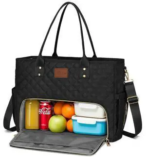 KKXIU Lunch Tote Bag for Teacher & Nurse, 15.6 Inch Laptop Tote with Insulated Lunch Box Pocket for Women, Professional Computer Work Bag for School, Office, Nursing - Black