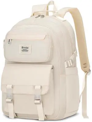 KROSIAS Backpack for Girls and Teens, Cute School Bag for Kids, Kawaii Bookbag for College Students, Aesthetic Laptop Backpack for Women Nursing Work, Beige