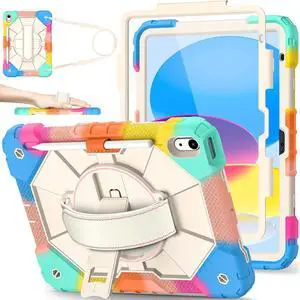 Nitupai Case for iPad 10th Generation 10.9 Inch 2022 / iPad A16 Case 11 Inch 2025 with Screen Protector 10th Gen Cover for Kids Pencil Holder 360° Rotating Stand Shoulder Strap, Colorful