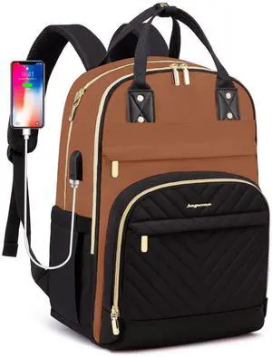 Laptop Backpack for Women Work Bag - 15.6 inch Travel Backpack with USB Charger College Bookbag Waterproof Business Computer Backpack Anti-theft Casual Backpacks for Nurse Teacher Black Brown