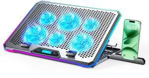 KYOLLY Aluminum Alloy RGB Gaming Laptop Cooler with 6 Fans and LCD Screen - 10 RGB Modes Memory Function, 4 USB Ports 3.0 and 2.0 Hub, 9 Height Adjustable for 10 to 21 Inch Laptops on Desk or Lap