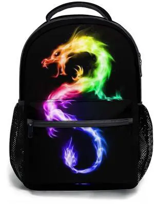 Anyako Fire Rainbow Dragon Black School Backpack, Kids bag for Boys Girls Elementary, School Bookbag Travel Laptop Daypack for Travel Hiking Camping Daypack