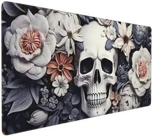 35.4 x 15.7 in, Waterproof XXL Large Mouse Pad for Desk, Extended Keyboard Mouse Mat for Computer Office, Big Laptop Mouse pad, Gaming Pc-White Skull&Flowers