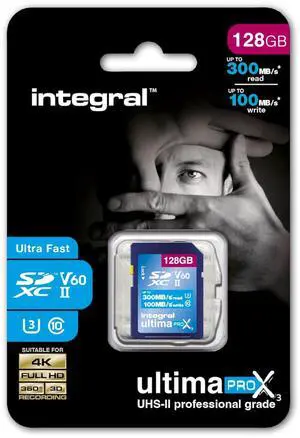 Integral 128GB UHS-II SD Card V60 Up to 300MB/s Read and 100MB/s Write Speed SDXC Professional High Speed Memory Card