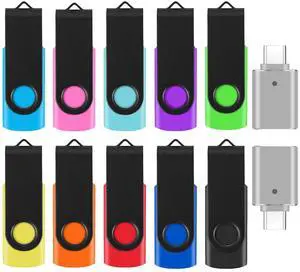 10 Pack 16GB Flash Drives with 2 USB C Adapters, Thumb Drive, Memory Stick Compatible with PC, Laptops, Mac and Adapters for USB C Devices (10 Mixed Color)