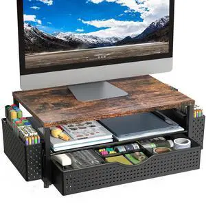 Desk Organizer and Accessories, Computer Monitor Stand Riser with Drawer and 2 Pen Holders, Office Desk Accessories & Workspace Organizers for Office Supplies (Wood)