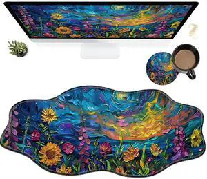 Vibrant Watercolor Flowers Large Gaming Mouse Pad Plus a Coaster, 35.4 x 15.7 inches Desk Mat Extended XXL Mousepad with Stitched Edge Non-Slip Rubber, Desk Pad Computer Mouse Mat for Home Office