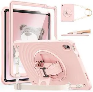 SEVROK Case for iPad A16 11-inch (2025) & iPad 10th Gen 10.9-inch (2022), HD Screen Protector, Strong Military-Grade Full-Body Shockproof Protection, 360° Rotating Handle Strap & Shoulder Strap, Pink