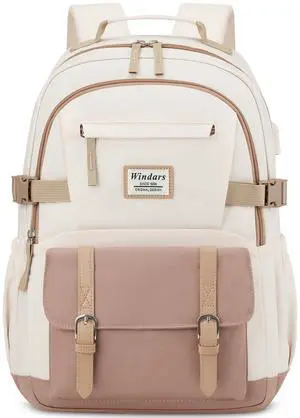 WINDARS School Backpack for Teen Girls, Elementary Middle High School College Student Bookbag Aesthetic Backpack Purse for Women Travel Back Pack Fit 15.6 Inch Laptop (Khaki Beige)