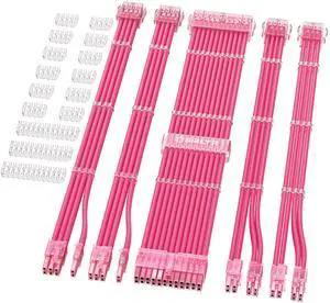 Sirlyr PSU Cable Extension Kit - 8Pin PCIE (34cm), 24Pin ATX & EPS (30cm), 16AWG Power Supply Cables with Combs, Soft Braided Sleeve for PC Build (Pink)