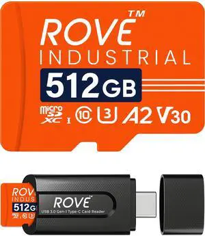 ROVE Industrial 512GB Micro SD Card with USB 3.0 Type C Card Reader, High Endurance microSDXC Memory Card 100MB/s Read Speed, C10, U3, V30, 4K, A2 for Dash Cam, Android Smart Phones, Tablets, Games