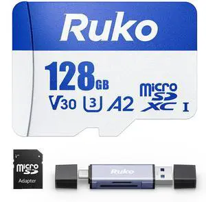 Ruko 128G Micro SD Card with Reader & Adapter, Memory Card Speed Up to 100MB/s, UHS-I, C10, A2, U3/V30, 4K UHD, Long-Lasting TF Card for Camera, Smartphone, Drone, Gaming Console Ruko 128G Micro SD Card with Reader & Adapter, Memory Card Speed Up to 100MB/s, UHS-I, C10, A2, U3/V30, 4K UHD, Long-Lasting TF Card for Camera, Smartphone, Drone, Gaming Console