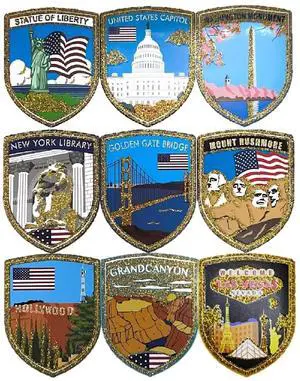A-ONE United States Cities Bling Gold Landmark Stickers 9 PCS+USA National Flag Jeans Flag Patch 1 PC, Phone Case Stickers for Laptop, Computers, Scrapbook, Mirrors, Holiday Travel Gift SG1+NO.033