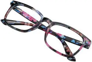 VisionGlobal Blue Light Blocking Glasses for Women/Men, Stylish Square Frame, Anti Glare (Floral, + 1.25 Magnification)