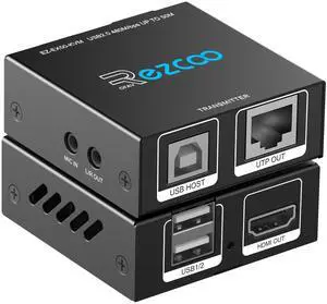 KVM Extender USB HDMI to RJ45 Over Cat5e/6/7 1080P@60Hz up to 150ft/50M, HDMI Over Ethernet Transmitter Receiver Support Keyboard Mouse 2 Ports USB2.0 Hub POE Stereo Audio and Microphone