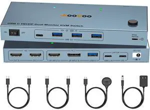 USB C KVM Switch 4K@60Hz,Dual Monitor USB C HDMI DP KVM Switch for 1 PC and 1 Laptop Sharing 2 Monitor and 4 USB3.0 Devices, PD Power for Laptop with Wired Remote Control and USB Cables Included