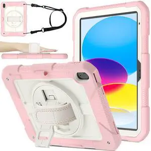 BMOUO Case for iPad (A16) 11th Generation 11" 2025, iPad 10th Generation 10.9 inch 2022, 360 Rotating Stand & Pencil Holder & Hand & Shoulder Strap Shockproof i Pad 11th/10th Gen Case, Pink