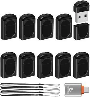 EASTBULL 16GB Small USB Drives 10-Pack USB2.0 Mini Flash Drive with a USB-C Adapter, FAT32 Mini Thumb Drive 16 GB 10 Pack for Data Storage (Black, 1 Adapter, 10 Lanyards)