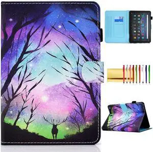 Folio Cover for Fire HD 10 11th Gen, 2021 Fire HD 10 Plus Case, Techcircle Slim Stand Soft Back Pen Loop Card Holder Wake/Sleep Wallet Case for All-New Amazon Fire HD 10/10 Plus 2021, Jungle Deer