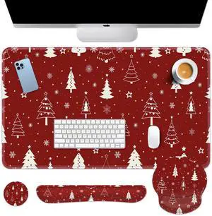 Britimes Red Christmas Tree Keyboard Mouse Pad Set Snowflakes Red Pine 4in1 Large Mousepad+Keyboard Wrist Rest+Mouse Wrist Rest+Coaster Ergonomic Design for Home Office Computer 35.4 * 15.7 inches