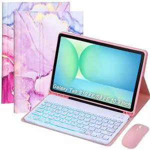 VLEAQC Keyboard Case for Samsung Galaxy Tab S10 FE/S10 Lite/S9 FE 10.9 2025/Galaxy Tab S9 11 Inch 2023, Mouse and Detachable Bluetooth Backlit Keyboard,Lightweight Cover with Pen Holder(Pink Marble)