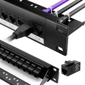 VCELINK 24 Port Keystone Patch Panel 1U 19-Inch, with 25-Pack UL-Listed UTP CAT6 Keystone Coupler and Removable Cable Management Bar, 10G Support (25 x Cat6 Coupler (Black))