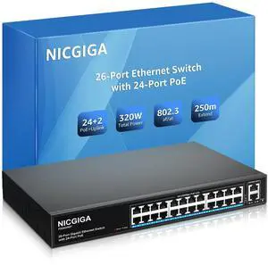 24 Port PoE Switch Unmanaged, 24 Port PoE+@320W, 2 Gigabit Uplink Ports, NICGIGA 26 Port Network Power Over Ethernet Switch, VLAN Mode, 250m Extend, 19 inch RackMount, Plug and Play.