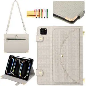 Handbag Case for iPad Pro 13" M4 2024 Cover with Pencil Holder, Techcircle Unique Pattern Textured PU Leather Folio Stand [4 Card Slots+2 Pockets] Full Protective Case w/Shoulder Strap, Off-White