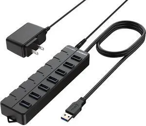 VEMONT USB hub,Computer Peripheral Equipment 7-Port USB 3.0 hub with 5V2A Power Adapter and Individual On/Off Switches,USB Charging hub 4ft/1.2m Long Cable