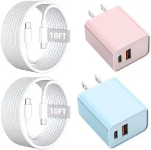 10FT iPhone 17/16e Fast Charger,2Pack 20W Dual Port USB A+C QC Apple Adapter with 10 Foot USB C to C Fast Charging Cable Cord for iPhone 17Air/17Pro/17Pro Max/16/16Pro/15/15Pro/Pro Max/Plus(Blue/Pink)