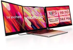 monduo 14" Pro Triple Laptop Glass Screen Extender, Dual 14" 2k Portable Monitors, 144Hz, 100% DCI-P3, 500 Nits, Aluminum Finish for 14" MacBook Pro & Windows, for Gaming, Creators, & Professional