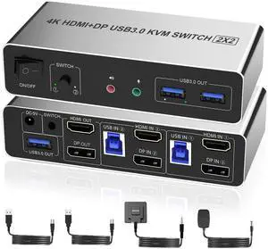 Dual Monitor HDMI Displayport KVM Switch 2 Monitors 2 Computers 4K 60Hz USB3.0 KVM Switcher HDMI+DP 3 USB Ports KVM Switcher for 2 PC Sharing Keyboard Mouse Printer Mic and Audio Output