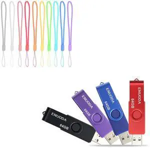 ENUODA 4 Pack USB Flash Drive 64GB for Data Storage and 10 Pack Colorful Nylon Hand Wrist Strap Lanyard String for Thumb Drive, Keyrings, Keychains for Everybody