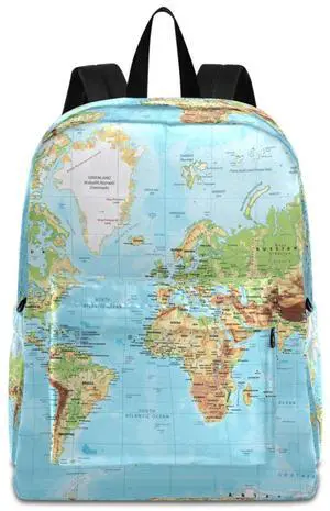 ZzWwR Physical World Map with Labels Large Travel Laptop Backpack Durable Computer Bag for Men Women School Bookbags Work