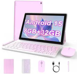 Android 15 Tablet 10 inch, 2 in 1 Tablet with Keyboard. 8GB RAM+32GB ROM Support 1TB Expandable Tablets PC, Quad-Core CPU, HD Screen, BT, WiFi, Long Battery Life Tablets with Case Mouse Stylus, Pink