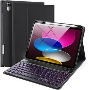TECKNET for iPad 11th/10th Generation Case with Keyboard, 7 Color Backlight, Detachable Wireless Bluetooth Keyboard Case with Pencil Holder for iPad A16 2025/2022, Thin & Light, Black