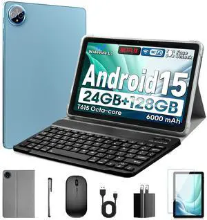 Aobante 10 Inch Tablet, Android 15 with 24GB RAM + 128GB ROM (1TB Expandable), Octa-Core, 1280x800 IPS HD Touchscreen, 5MP+8MP Dual Camera, 6000mAh, Tablet with Keyboard, Mouse, Widevine L1(Blue)