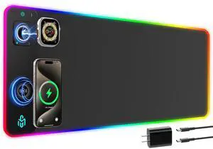 GIM RGB Gaming Mouse Pad with Simultaneous Charging for Phone & iWatch, LED Mouse Mat 800x300x4MM, 14 Light Modes, Non-Slip Rubber Base, Computer Keyboard Mat for Gaming, 20W PD Adapter Included
