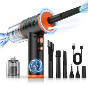 Compressed Air Duster, 100000RPM Handheld Car Vacuum/Air Blower& Pump, 3 Gear Adjustable Electric Air Duster/Car Vacuum Cleaner, Keyboard Duster with LED Light-10 Kits Air Blower for Computer(Orange)