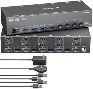 HDMI+2 Displayport KVM Switch 3 Monitors 4 Computers 8K@60Hz 4K@144Hz,4 Port KVM Switches Triple Monitor Share 3 Display and 4 USB3.0 Ports Support Extended/Mirror Mode.