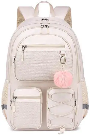 Liokesa School Backpack for Teen Girls, Cute College Back Pack for Women, Kids Backpack for Girls, Middle Students School BookBag, 15.6 Inch Laptop Bag Travel Back Pack, Beige