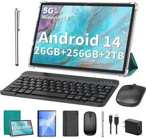 2025 Tablet, Android 14 Tablets 10 inch with Keyboard, 26GB RAM+256GB ROM(2TB Expand), 2-in-1 Tablets with 8-Core, 8000mAh, 5G WiFi, Widevine L1, GMS, with Case, Keyboard, Mouse, Stylus (Green)