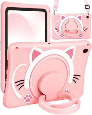 Wazzasoft for Samsung Galaxy Tab A9 Plus Case 11 Girls Cute Cat Kawaii Cover Girly 3D Cartoon Women Kitten with Rotating Handle Stand & Strap Soft Silicon Funda for Samsung A9 Plus Tablet Case