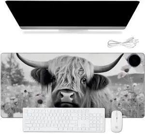 Warm Desk Pad, Warm Mouse Pad Gaming, Office Desk Mat,with 3 Levels Heated & 3 Hours Auto Shut - 23.6 x 14.2 inch PU Leather Laptop Keyboard Mat for Home Office Hand Warmer,Highland Cow Ox Cattle