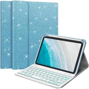 Fintie Keyboard Case for iPad Mini (A17 Pro) 7th Generation 2024 / iPad Mini 6th Gen 8.3 Inch, Soft TPU Back Cover with Magnetically Detachable Wireless Bluetooth Keyboard, Backlight/Glittering Blue