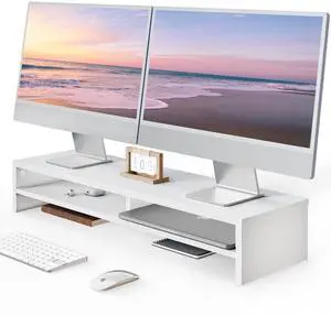 Fenge Monitor Stand, 31.5 Inch Computer Monitor Riser for Desk, 2 Tiers Wood Desk Shelf with Storage, Desktop Organizer for PC, Laptop, Screen, Printer