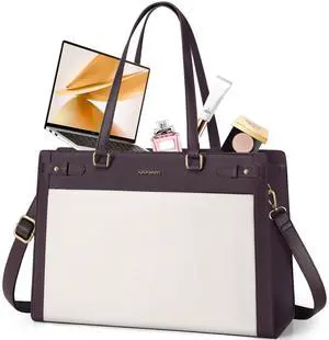 RAINSMORE Laptop Bag for Women 15.6 Inch PU Vegan Leather Work Tote Bag Waterproof Womens Briefcase Designer Computer Bags for Office Teacher College Travel Large Tote Purse Professional Green & Beige