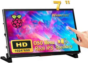 wisecoco 7 inch LCD Touch Screen for Raspberry Pi Portable Monitor IPS 1024 * 600 No-Cable-Needed Dual-Speaker with OSD HDMI Touchscreen Display for RPi 5 4 3 2 Zero B B+ Windows Drive-Free