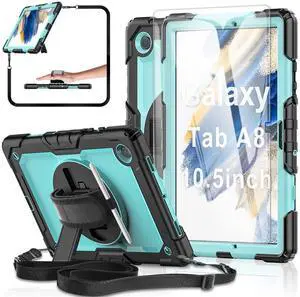 BASE MALL Tablet Case for Samsung Galaxy Tab A8 10.5-inch 2022 SM-X200/X205/X207, [with Tempered Glass Screen Protector],360° Rotating Kickstand/Hand & Shoulder Strap/S Pen Holder (SkyBlue)